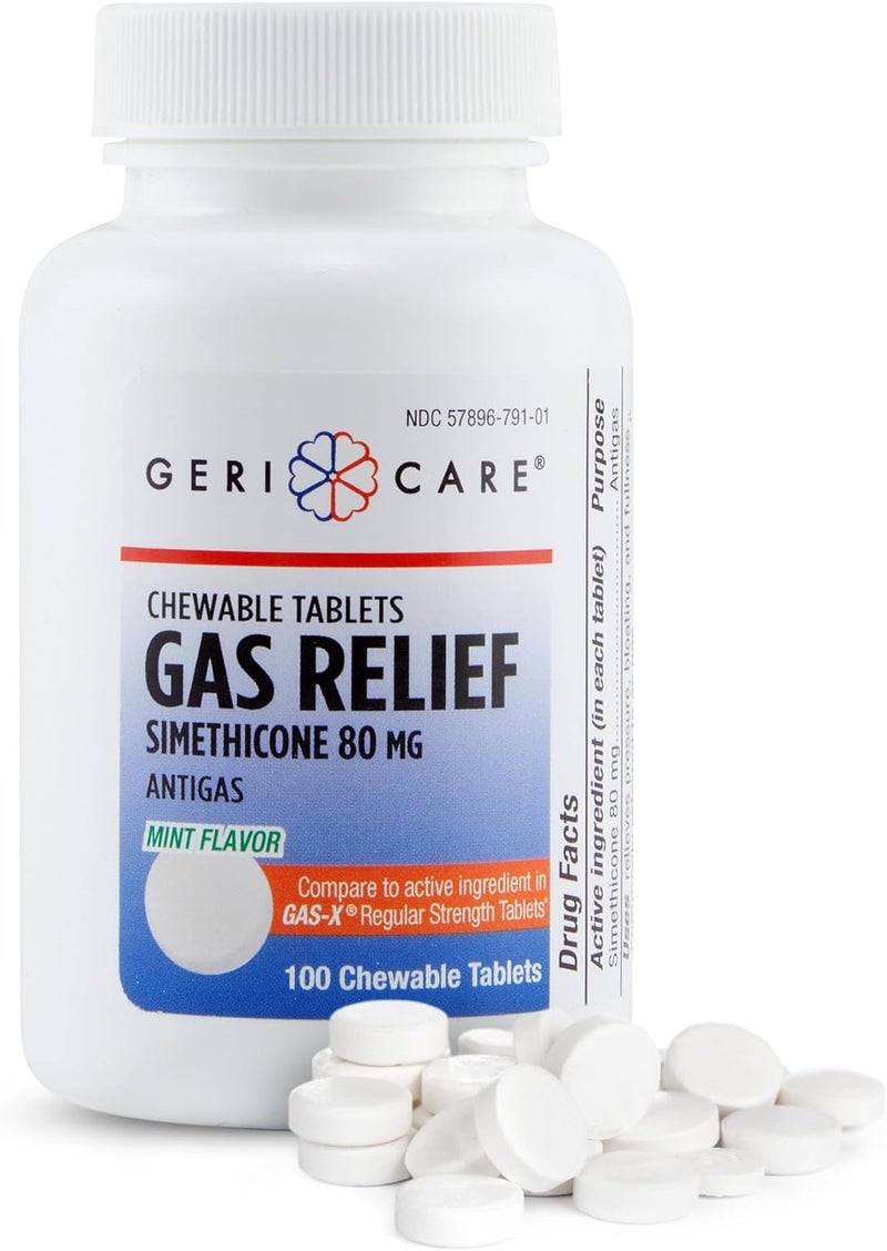 GeriCare GeriCare Simethicone Chewable Gas-Relief Tablets 80mg | Fast Relief for Gas, Bloating and Discomfort | Mint-Flavored Anti-Gas Chewables | Oral Adult Gas Pain Relief | Anti-Flatulence Aid (100 Tablets) 
