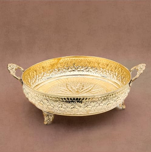 Bhimonee Decor Mughal Carving Fruit Bowl Handle 10" | 640 gm Decorative Serving Tray & Platter | Home Decor, Festivals & Gifting | Brass | Gold. - Image 5