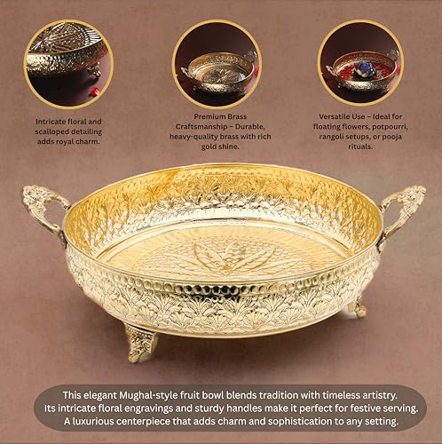 Bhimonee Decor Mughal Carving Fruit Bowl Handle 10" | 640 gm Decorative Serving Tray & Platter | Home Decor, Festivals & Gifting | Brass | Gold. - Image 3