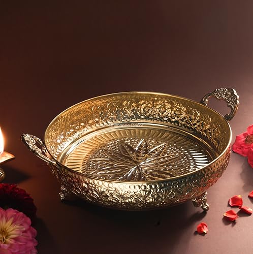 Bhimonee Decor Mughal Carving Fruit Bowl Handle 10" | 640 gm Decorative Serving Tray & Platter | Home Decor, Festivals & Gifting | Brass | Gold. - Image 1