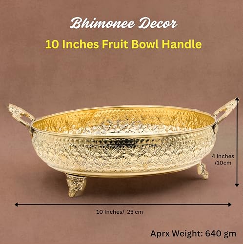 Bhimonee Decor Mughal Carving Fruit Bowl Handle 10" | 640 gm Decorative Serving Tray & Platter | Home Decor, Festivals & Gifting | Brass | Gold. - Image 2