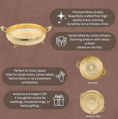 Bhimonee Decor Mughal Carving Fruit Bowl Handle 10" | 640 gm Decorative Serving Tray & Platter | Home Decor, Festivals & Gifting | Brass | Gold. - Image 4