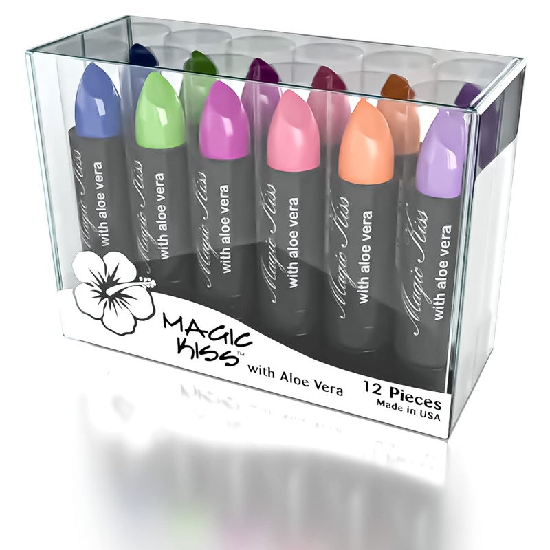Magic Kiss Magic Kiss Pack of 12 Color Changing Aloe Vera Lipstick Set Made in USA Colors of Aloha 01