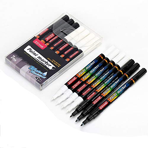 ZEYAR White and Black Acrylic Paint pen Water Based Set of 7 Extra Fine Point Great for Rock Painting Ceramic Glass Wood and smooth surfaces Opaque ink White and Black