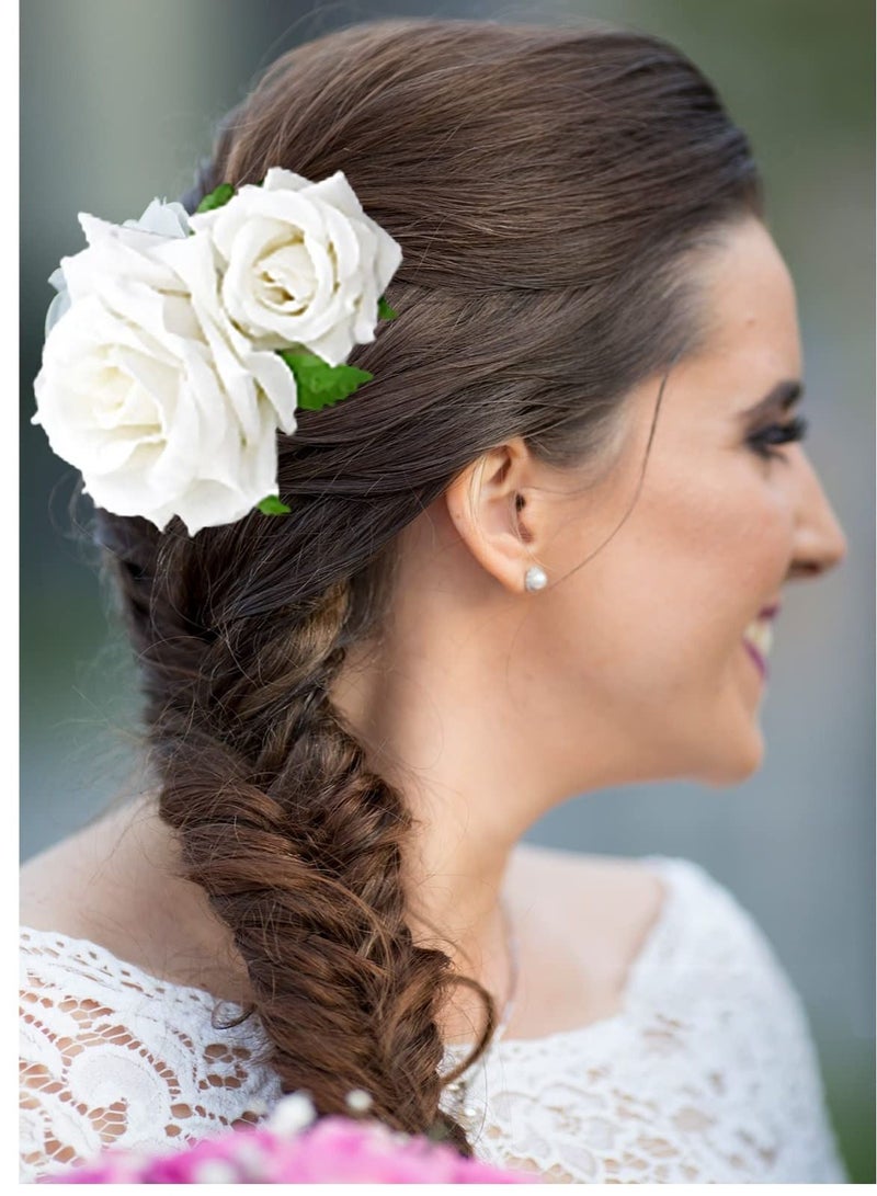 Excefore Flannel Rose Hair Clip, Flower Hair Pins Bridesmaid Flower Hiar Clips Bridal Hair Accessories for Women, Wedding, Party (2PCS, White) - Image 3