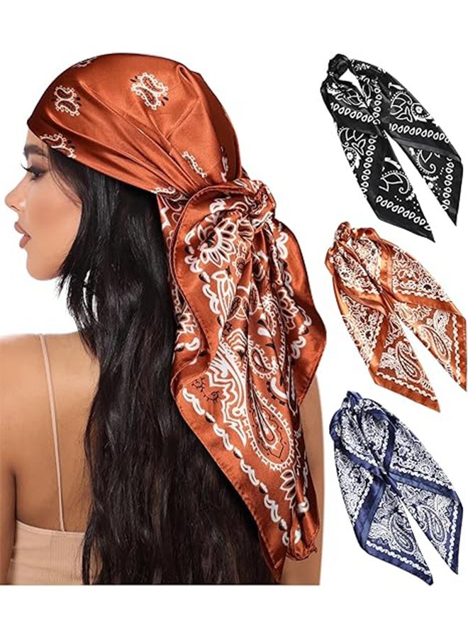3 PCS Satin Silk Head Scarves, Retro Cashew Print Small Square Scarf for Women's Decoration,Square Feeling Scarf Boho Hair Bandanas for Women Sleeping Headscarf Bundle - 70 x 70cm