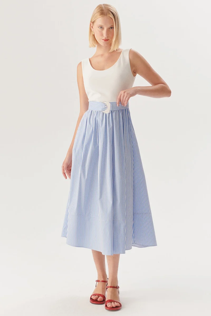 EXQUISE Striped Regular Midi Dress with Buckle Waist