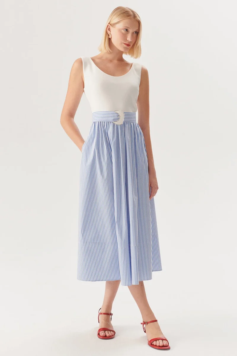 EXQUISE Striped Regular Midi Dress with Buckle Waist