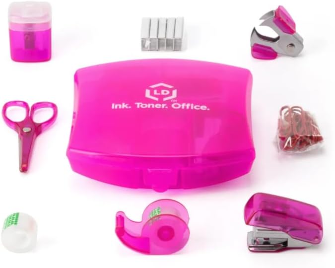 LD Products Pink Mini Office Supply Kit Portable Case with Scissors, Paper Clips, Tape Dispenser Set, Pencil Sharpener, Mini Stapler with Staples and Staple Remover - Image 1