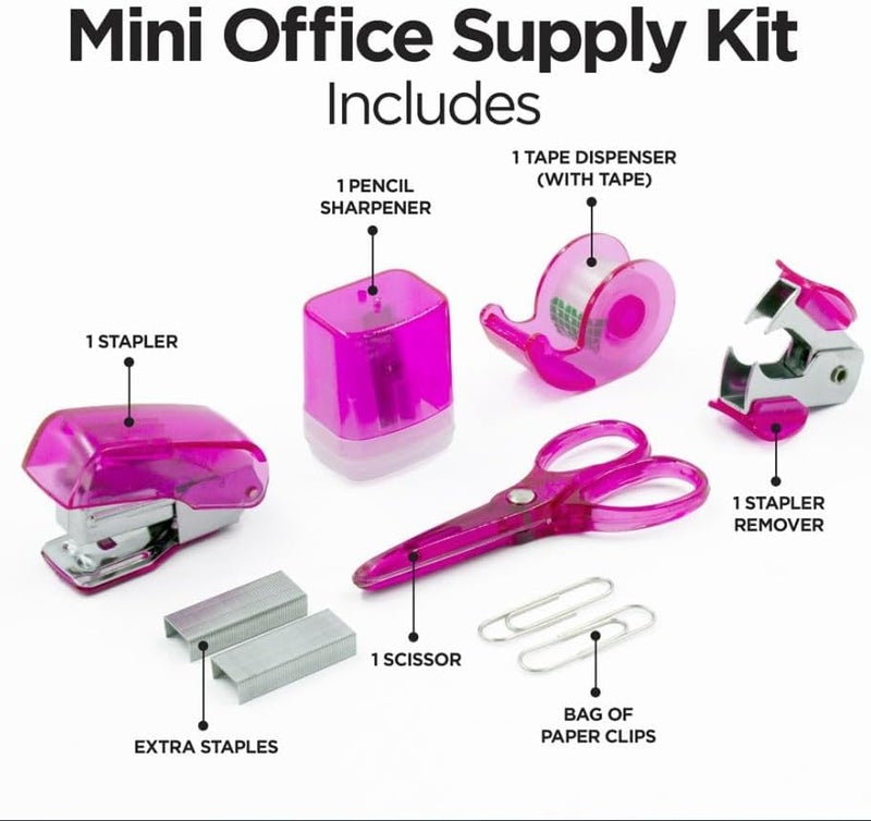 LD Products Pink Mini Office Supply Kit Portable Case with Scissors, Paper Clips, Tape Dispenser Set, Pencil Sharpener, Mini Stapler with Staples and Staple Remover - Image 2