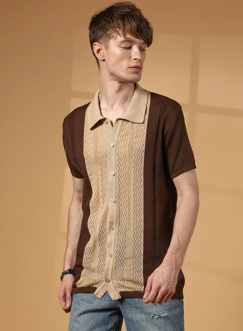 Men's Buff Beige & Taupe Brown Block-Knit Slim-Fit Shirt