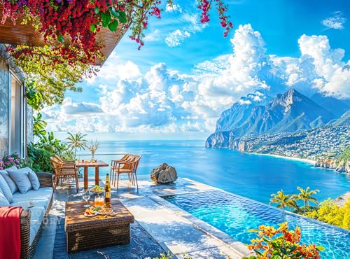 Cross & Glory Cross Glory Patio by The Sea 1000 Piece Jigsaw Puzzle for Adults Serene Coastal Patio and Ocean View Puzzle Challenging Puzzle for Adults EcoFriendly Materials - Image 1
