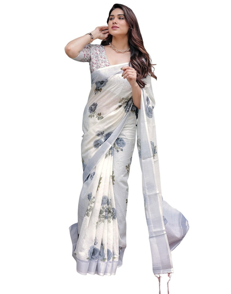 SIRIL Women's Cotton Linen Printed Saree with Unstitched Blouse Piece (4263S124_Off-White) - Image 1