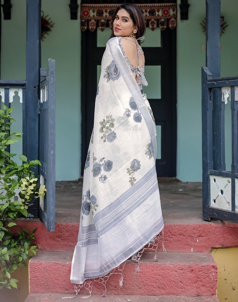 SIRIL Women's Cotton Linen Printed Saree with Unstitched Blouse Piece (4263S124_Off-White) - Image 3