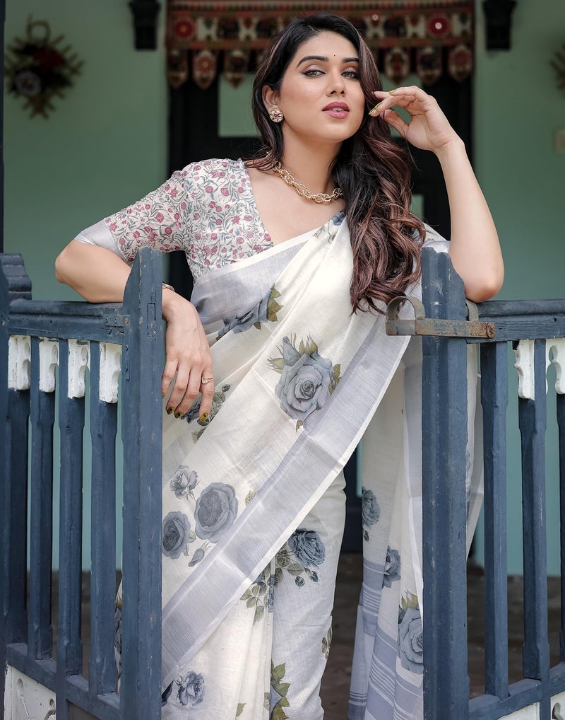 SIRIL Women's Cotton Linen Printed Saree with Unstitched Blouse Piece (4263S124_Off-White) - Image 4