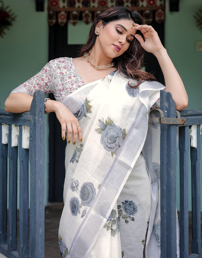 SIRIL Women's Cotton Linen Printed Saree with Unstitched Blouse Piece (4263S124_Off-White) - Image 5