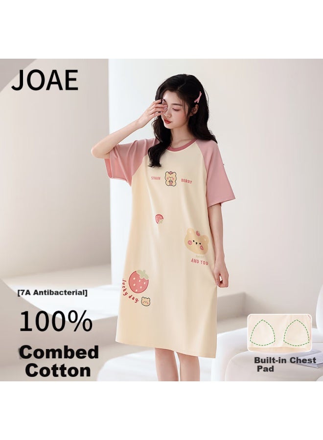 Joae [100% Pure Cotton With Chest Pads] Women's Nightgown, Sleepwear Dress, Wearable Outside, Loungewear, Cute Bear And Strawberry Patter