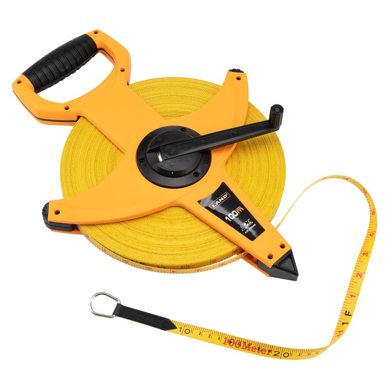 LAND 330FT100M Heavy Duty Fiberglass Tape Measure 12Inch Wide Dual InchMetric Scale Durable Open Reel Measuring Tape for Surveying Engineering Runway Construction