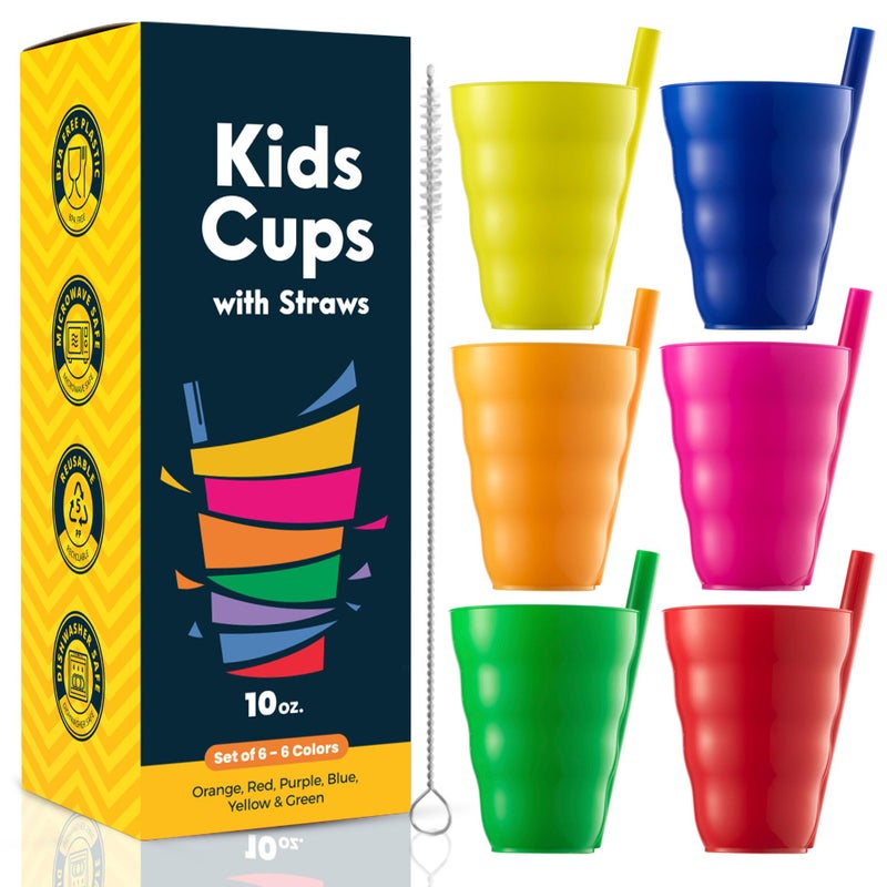 JoyServe Kids Cups - (Set of 6) - 10oz Toddler Cups with Straws for Kids - Stackable BPA-Free Plastic Sip-A-Cup Drink Tumblers for Water, Juice, Milk - Dishwasher Safe, Everyday Use, Neon Colors - Image 1