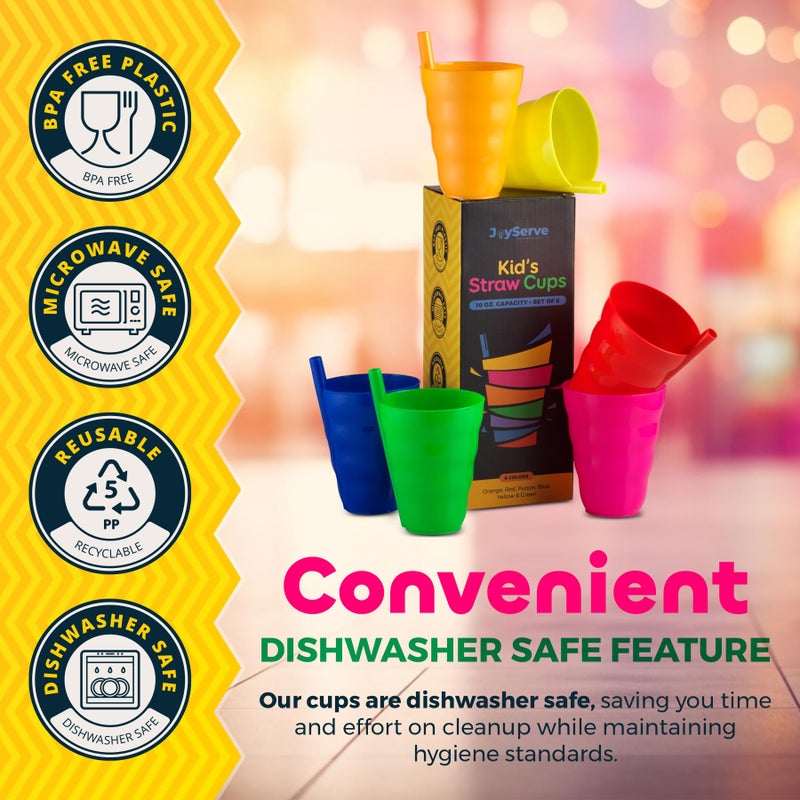 JoyServe Kids Cups - (Set of 6) - 10oz Toddler Cups with Straws for Kids - Stackable BPA-Free Plastic Sip-A-Cup Drink Tumblers for Water, Juice, Milk - Dishwasher Safe, Everyday Use, Neon Colors - Image 5