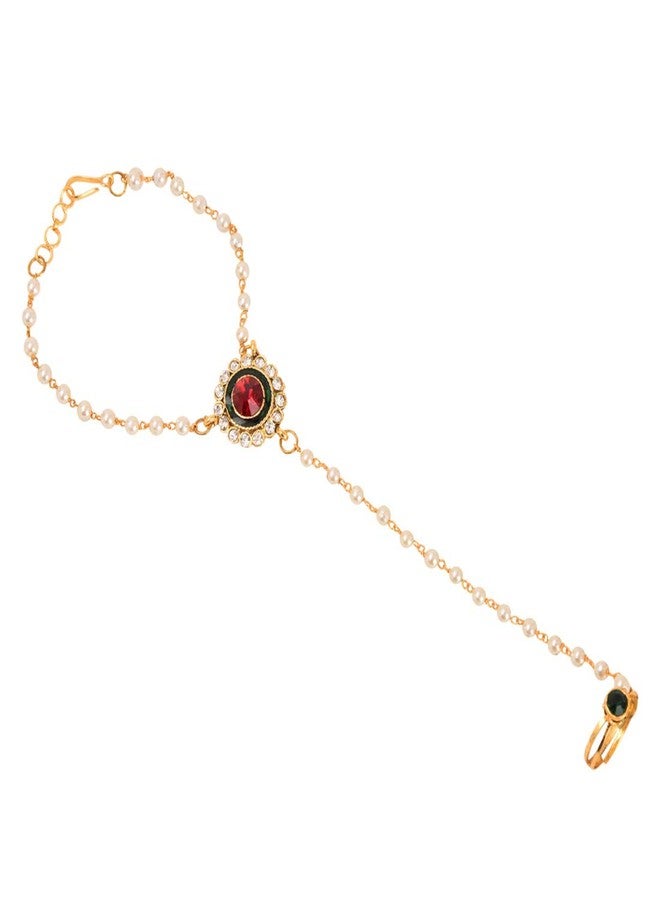 Shecario Red,Green Elegant Pearl & Stone Haath Phool - Image 4