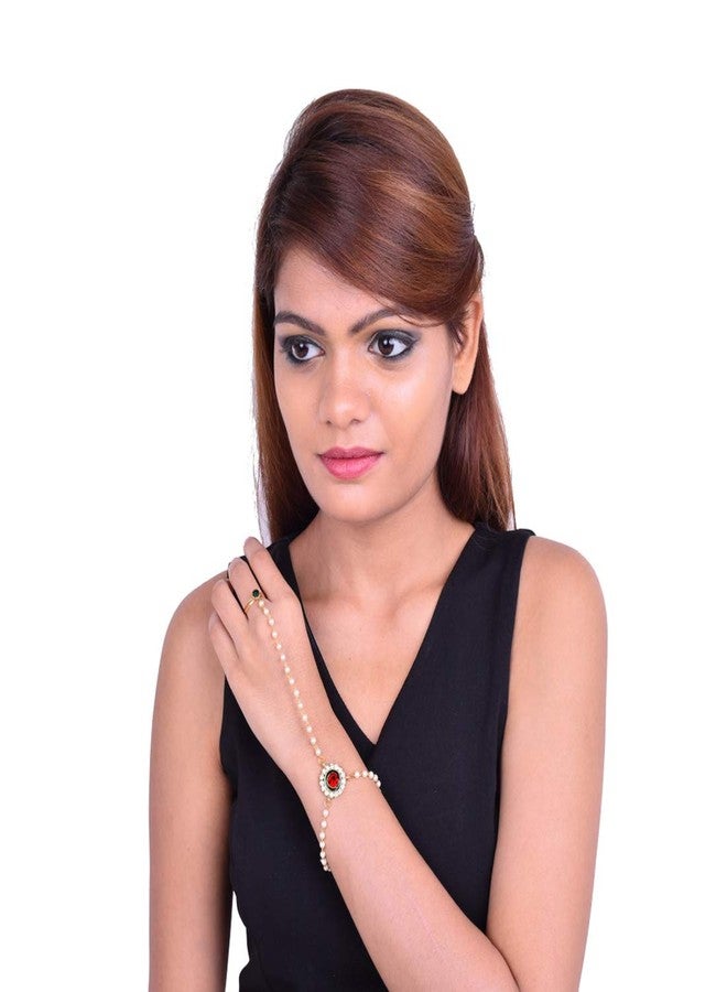 Shecario Red,Green Elegant Pearl & Stone Haath Phool - Image 3