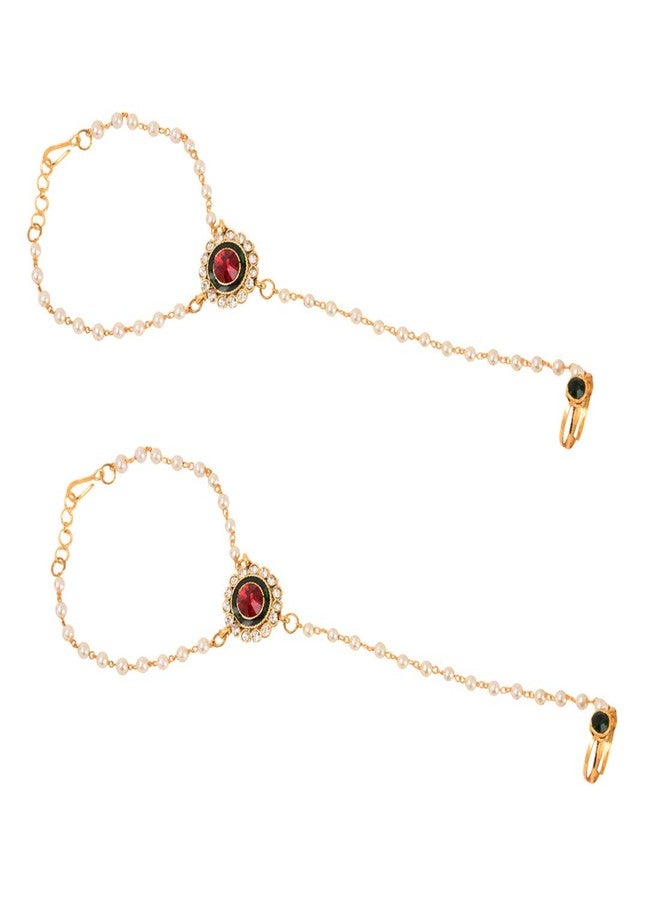 Shecario Red,Green Elegant Pearl & Stone Haath Phool - Image 1