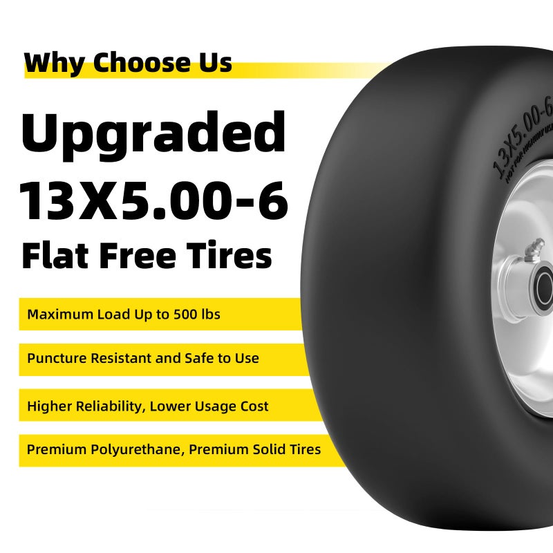 RONPOW 13x5.00-6 Flat Free Lawn Mower Tire and Wheel, 13x5x6 Solid Front Tires for Zero Turn Mower, 500Lbs Load, 3/4", 5/8" and 1/2" Bearings, 4.33"-6.73" Hub for Residential Commercial, 2Pack Gray - Image 4