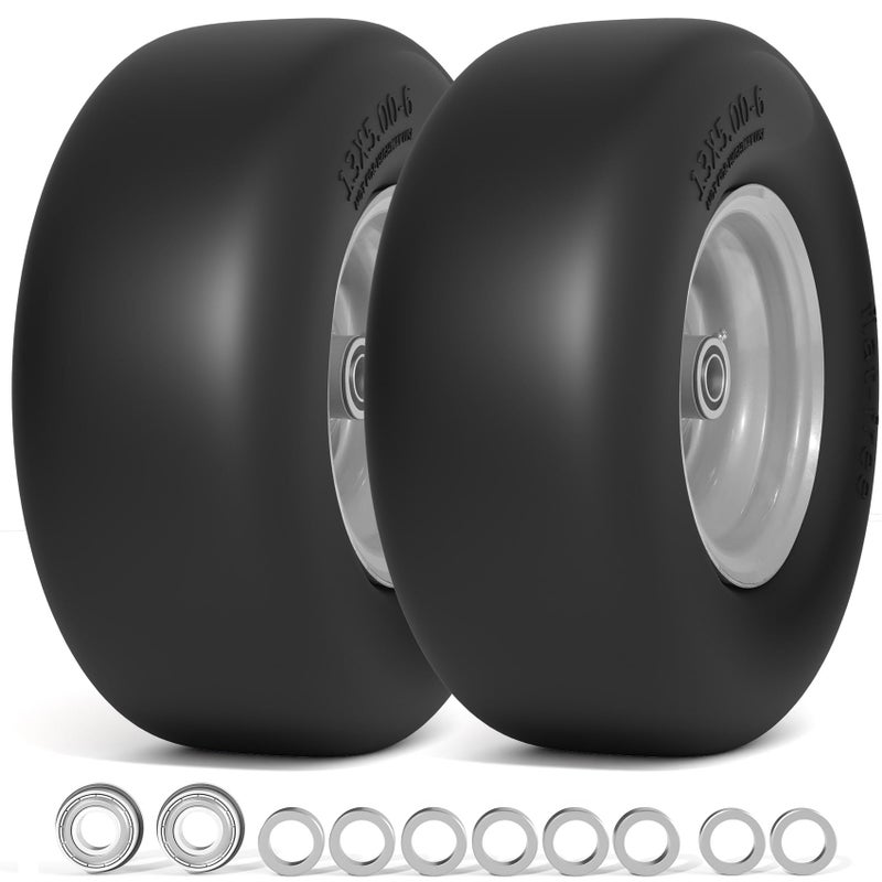 RONPOW 13x5.00-6 Flat Free Lawn Mower Tire and Wheel, 13x5x6 Solid Front Tires for Zero Turn Mower, 500Lbs Load, 3/4", 5/8" and 1/2" Bearings, 4.33"-6.73" Hub for Residential Commercial, 2Pack Gray - Image 1