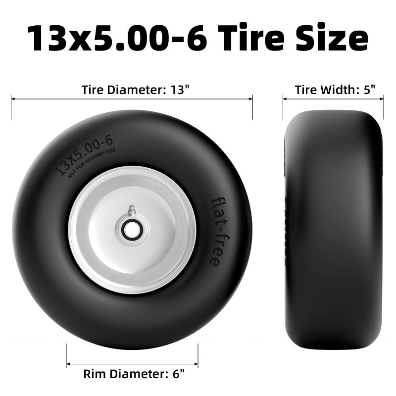 RONPOW 13x5.00-6 Flat Free Lawn Mower Tire and Wheel, 13x5x6 Solid Front Tires for Zero Turn Mower, 500Lbs Load, 3/4", 5/8" and 1/2" Bearings, 4.33"-6.73" Hub for Residential Commercial, 2Pack Gray - Image 2