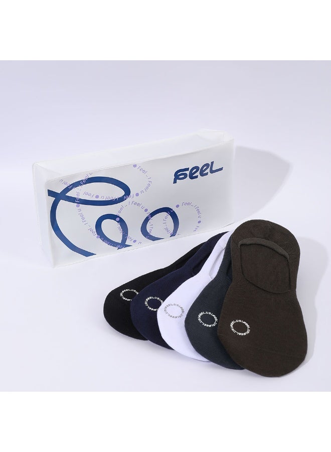 FEEL Men's No Show Socks, Breathable Cotton Blend, Silicone Grip, Dark Multicolor, 5 Pairs - Image 2