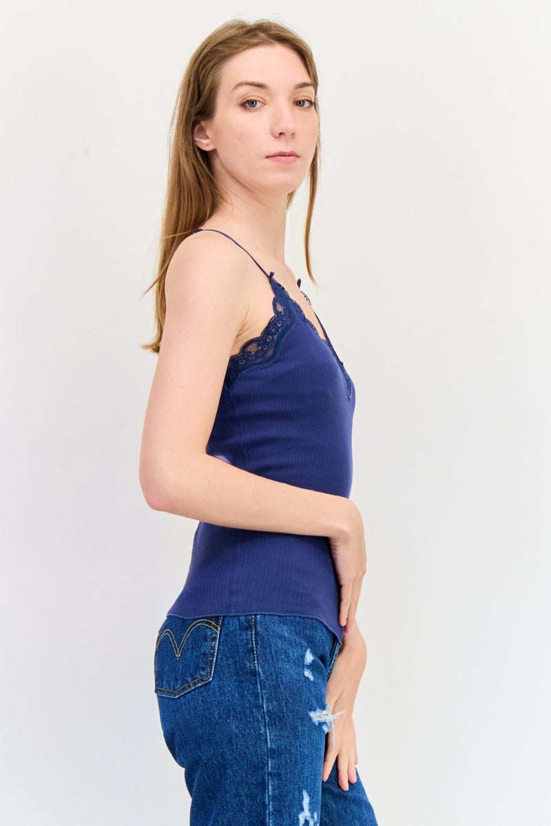 SALSA Women V Neck Sleeveless Textured Tank Top, Navy - Image 4