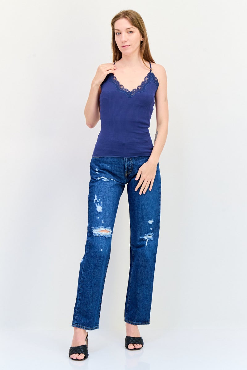 SALSA Women V Neck Sleeveless Textured Tank Top, Navy - Image 3