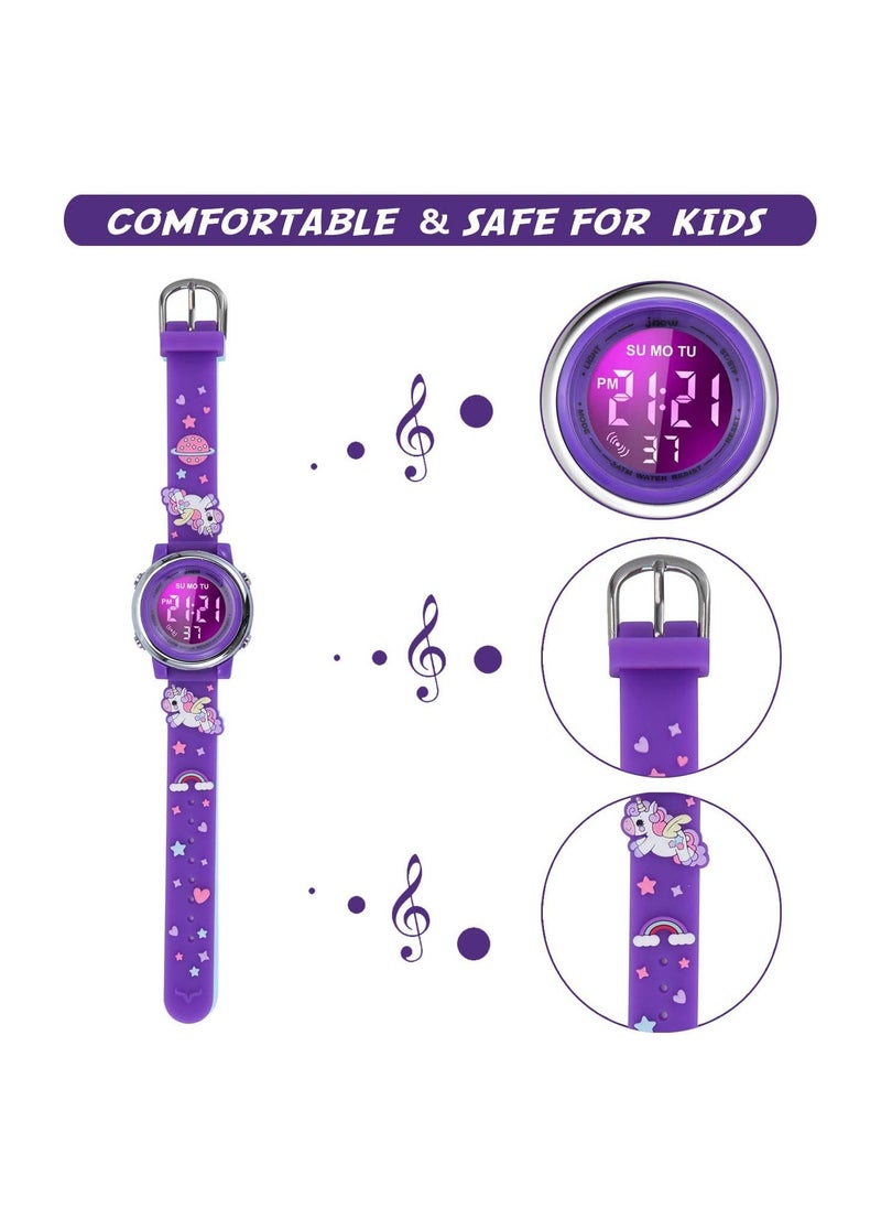 Kids Digital Luminous Watches for Girls Boys 3D Cartoon 7 Color Lights Waterproof Sport Outdoor LED Electronic Wrist Watch with Alarm Stopwatch Wristwatch 3 to 12 Years Children