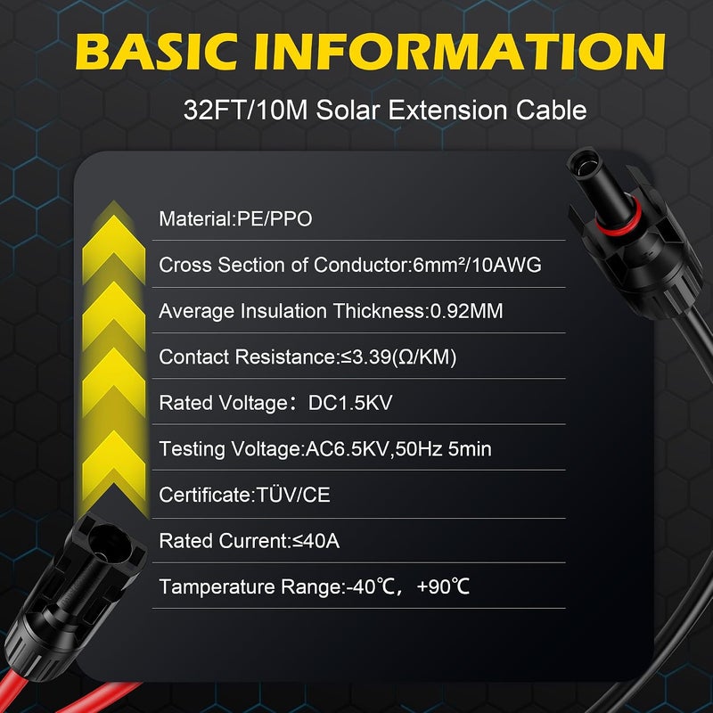 OWINUSTECH 32Ft Solar Cable Solar Extension Cable,10AWG Solar Panel ExtensionCable with Female and Male Connectors,Waterproof Solar ExtensionCable Kit (Red and Black). - Image 2