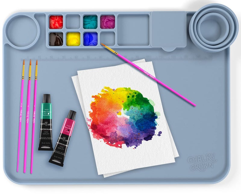 CHALKY CROWN - Silicone Art Mat with Cup for Crafts - Silicone Painting Mat - Thick Large Artist Mat with Cup & Raised Edge for Painting 17.7"x13.7" - Blue - Image 1