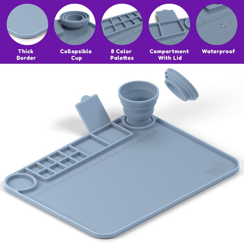 CHALKY CROWN - Silicone Art Mat with Cup for Crafts - Silicone Painting Mat - Thick Large Artist Mat with Cup & Raised Edge for Painting 17.7"x13.7" - Blue - Image 5