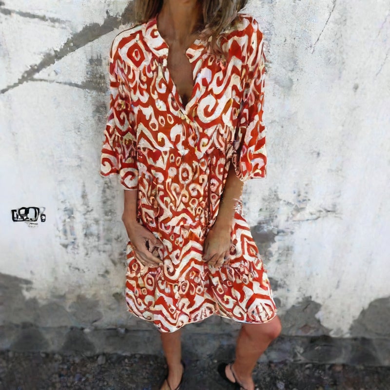 Women's V-Neck Printed Pleated Stretch Casual Dress - Image 1