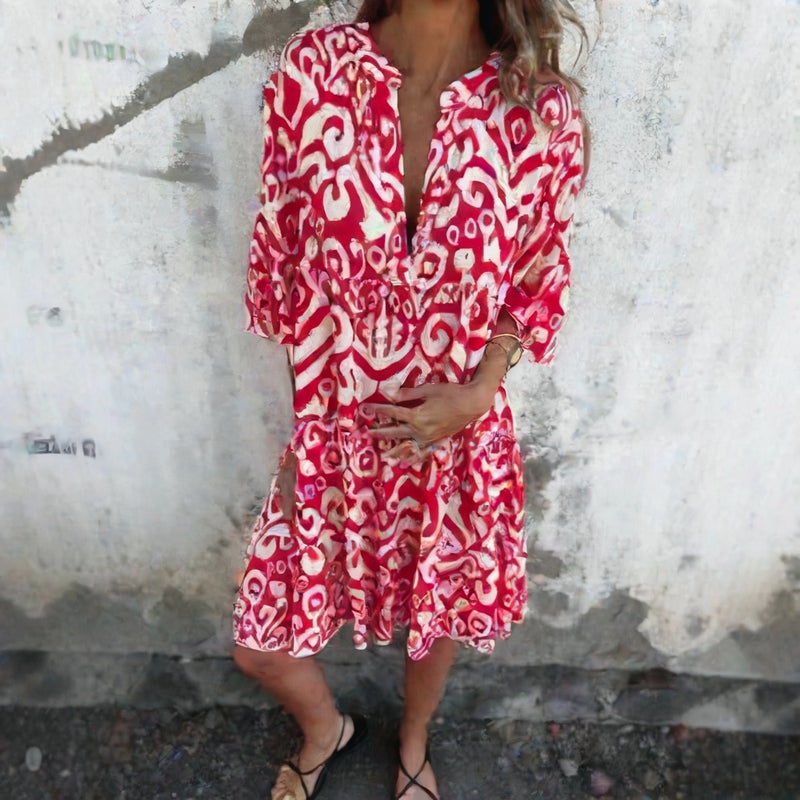 Women's V-Neck Printed Pleated Stretch Casual Dress - Image 3