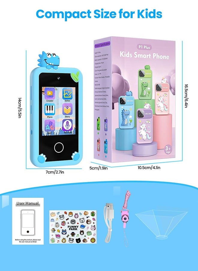 Kids Smart Phone with 3D Holographic Pyramid, 2.8inch Touchscreen Learning Toy with Dual Cameras and Music Player, Perfect Christmas, eid and Birthday Gift for Ages 3-10, Blue