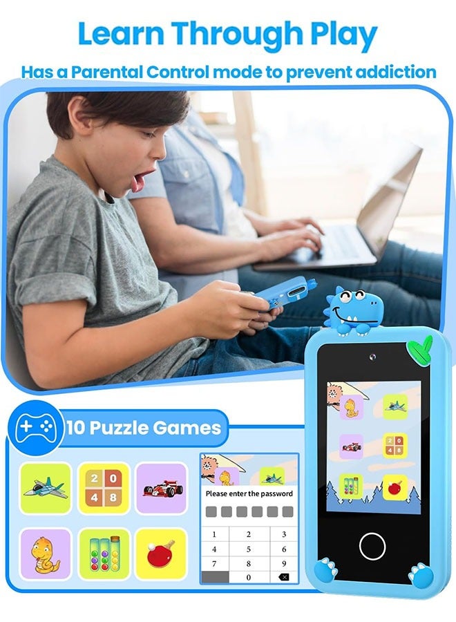 Kids Smart Phone with 3D Holographic Pyramid, 2.8inch Touchscreen Learning Toy with Dual Cameras and Music Player, Perfect Christmas, eid and Birthday Gift for Ages 3-10, Blue