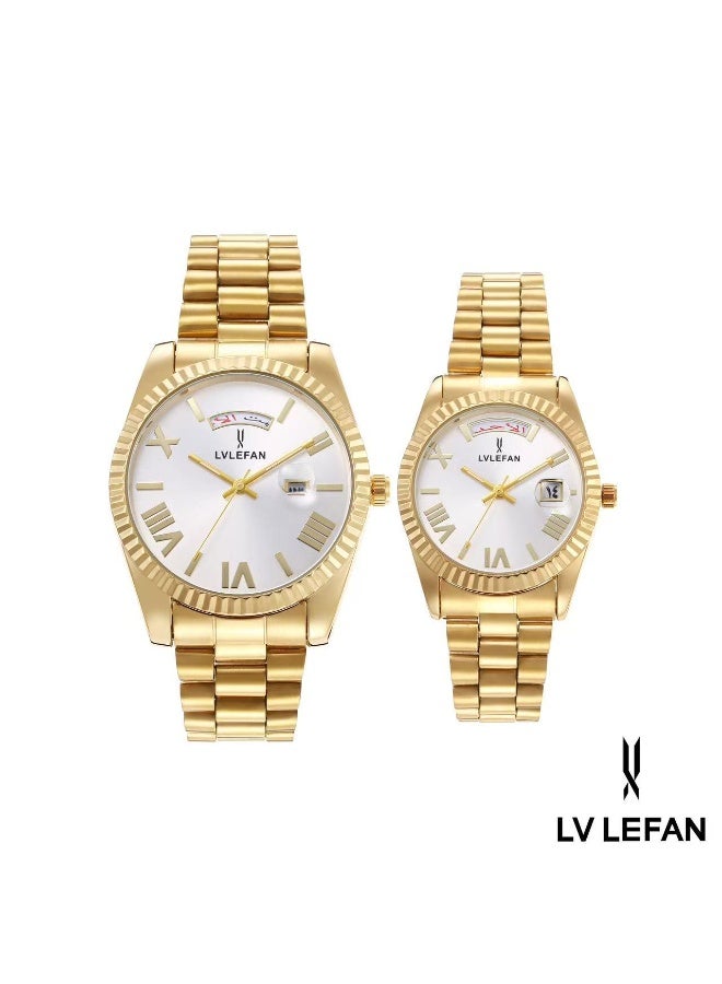 ليفان طقم ساعة يد للزوجين ضد الماء الفولاذ المقاوم للصدأ حزام زوجين الكوارتز ووتش مجموعة، الفاخرة مضيئة للماء التقويم ووتش هدية