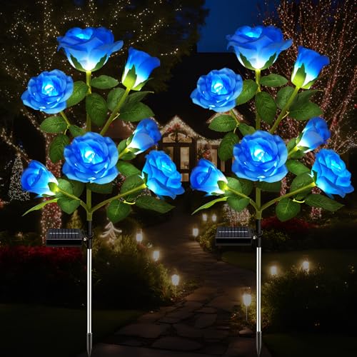 DWH 2 Pack Solar Garden Lights Outdoor 7Flower Rose LED Stake Light for Yard Patio Pathway Lawn Fence Cemetery Blue - Image 1