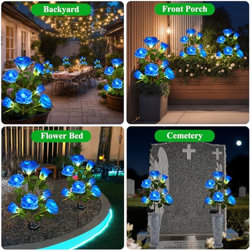 DWH 2 Pack Solar Garden Lights Outdoor 7Flower Rose LED Stake Light for Yard Patio Pathway Lawn Fence Cemetery Blue - Image 3
