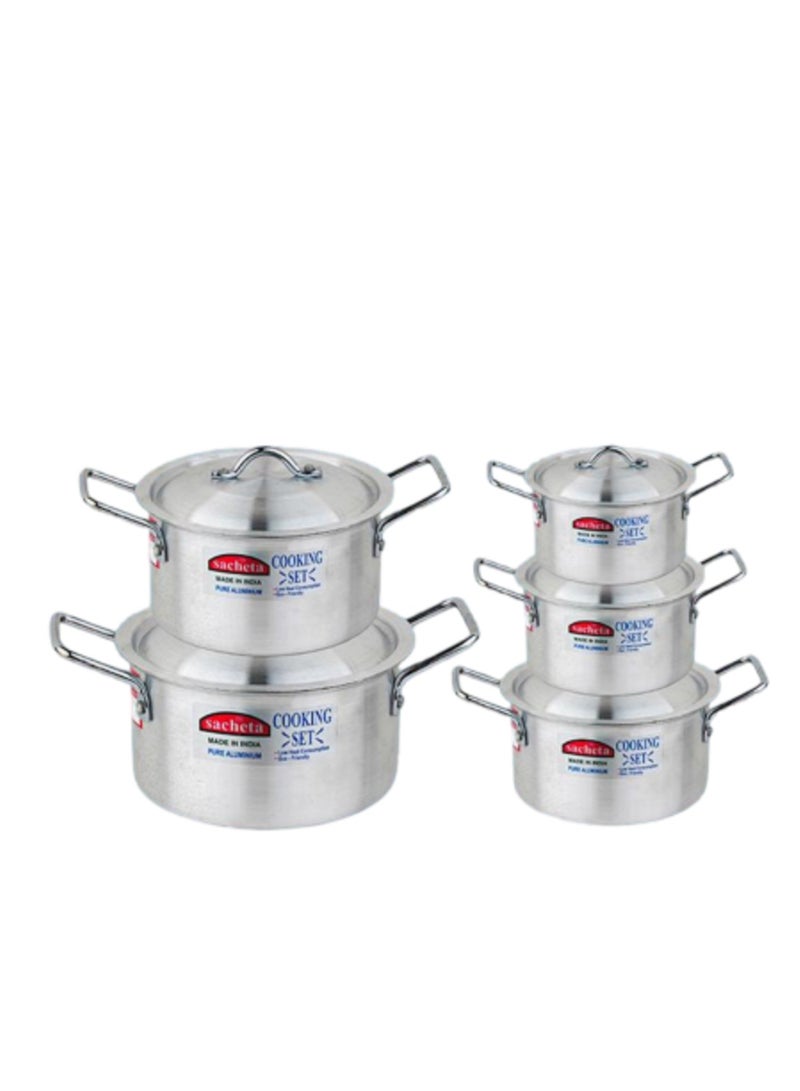 ساشيتا طقم قدور ساشيتا ألمنيوم للطبخ من باصرة، 5 قطع دائرية بمقبضين – صناعة باكستانية - Image 1