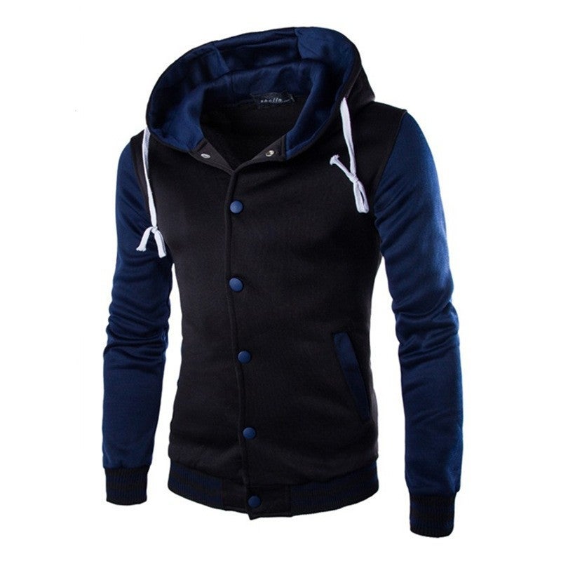 New Mens Hooded Baseball Jacket Slim Fit Zippered Sweatshirt W869 Navy  - Image 1
