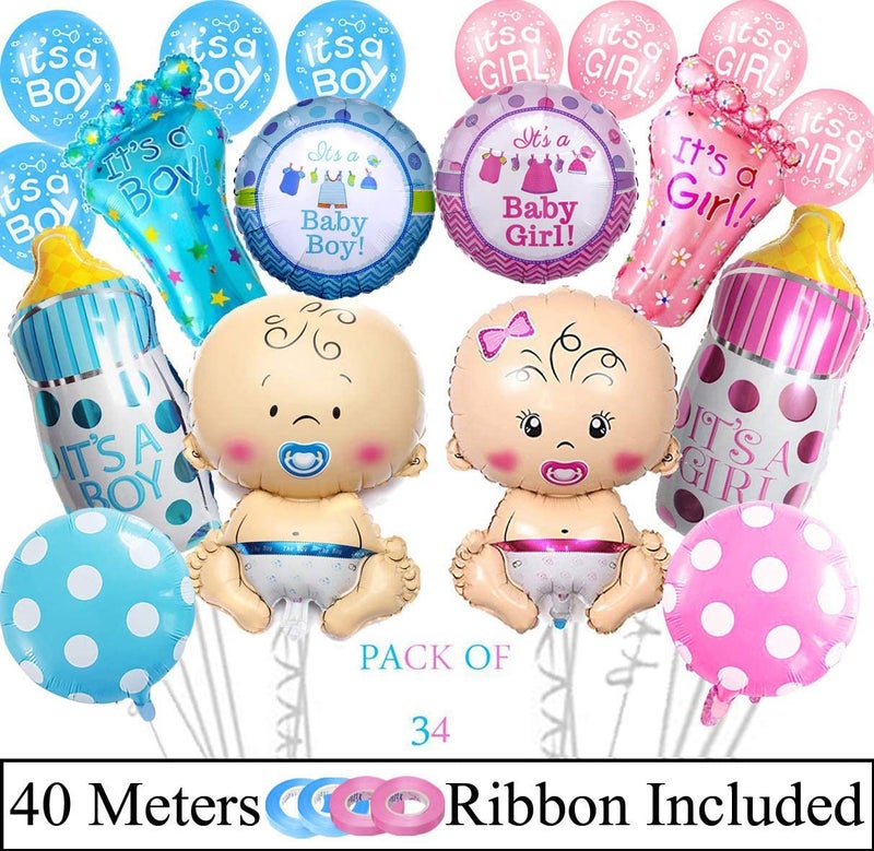 AMFIN ® Baby's Pack of 34 Welcome Baby boy or Girl we Love You Foil Balloons Combo - Multi - Image 2