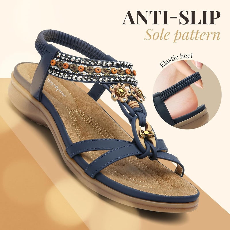 Littleplum Womens Sandals Arch Support Bohemian T-Strap Flower Rhinestone Sandals Women's Non Slip Summer Beach Flat Sandals Blue Size 6 - Image 3