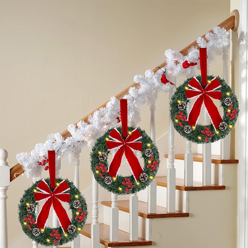 Hausse Set of 3 Christmas Wreaths, Lighted Artificial Christmas Wreath with Large Red Bow & Ornaments, Battery Operated with LED Lights, for Front Door Gate Wall Christmas Party Decorations - Image 3
