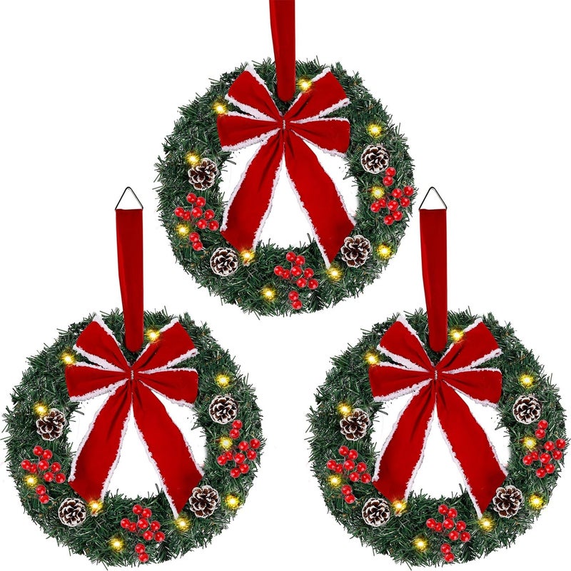 Hausse Set of 3 Christmas Wreaths, Lighted Artificial Christmas Wreath with Large Red Bow & Ornaments, Battery Operated with LED Lights, for Front Door Gate Wall Christmas Party Decorations - Image 1